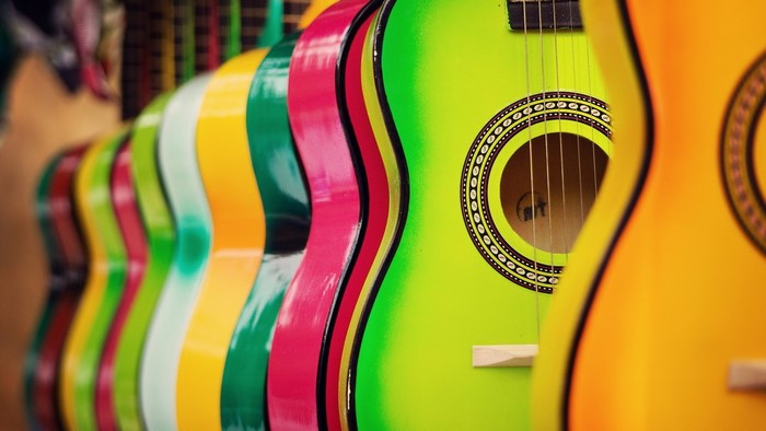 Colorful Classic Guitars in a Row