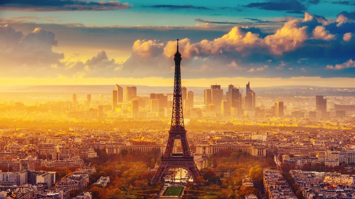 Eiffel Tower and Paris Skyline at Sunset