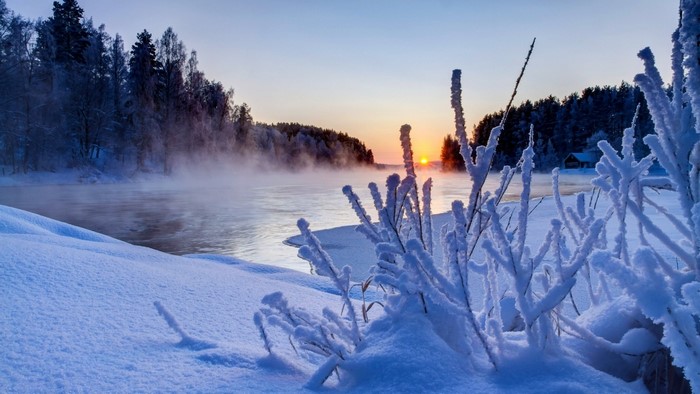 Winter River Sunset with Frosty Branches