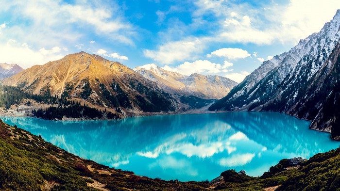 Big Almaty Lake with Mountains and Sky