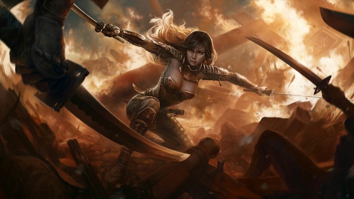 Fantasy woman warrior with swords in battle