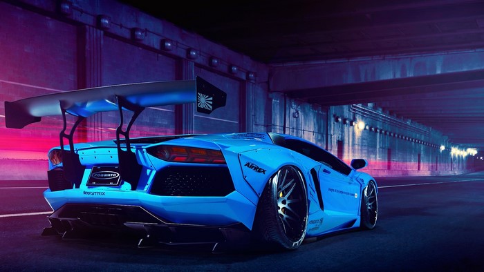Blue Lamborghini Aventador LP700-4 with large rear wing