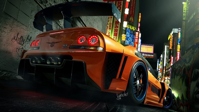 Orange Nissan Skyline GT-R in a Neon-Lit Alley