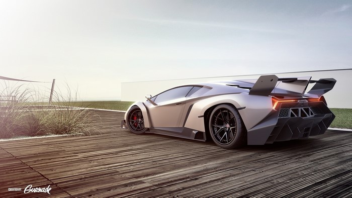 Lamborghini Veneno sport car on wooden deck
