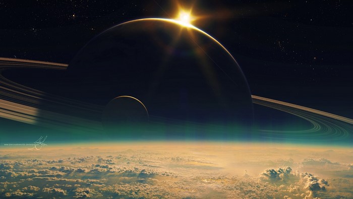Planet with rings and sun over clouds