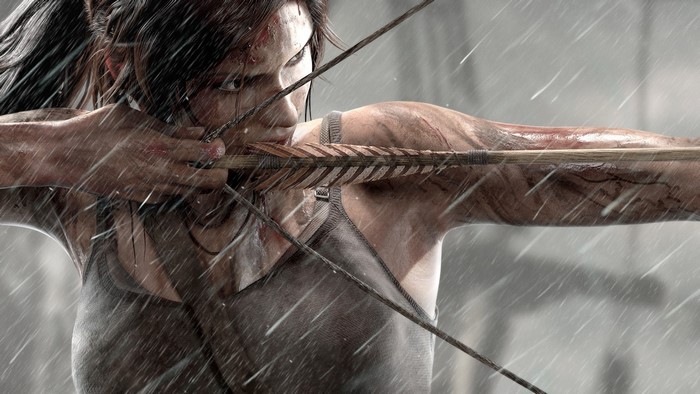 Lara Croft from Tomb Raider aiming a bow and arrow