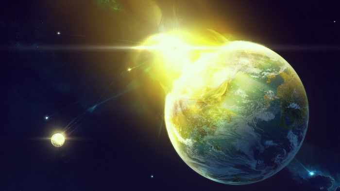 Giant Planet with Yellow Light and Moon