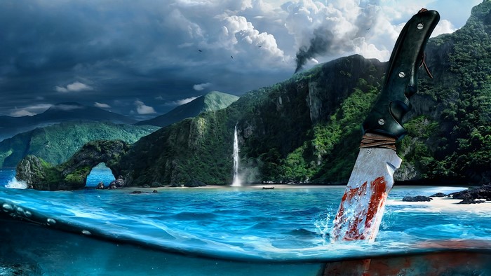 Bloody knife in water with Far Cry 3 island landscape