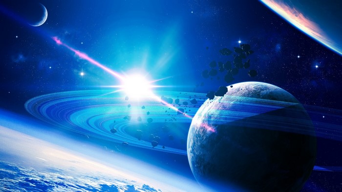 Giant planets with rings and asteroids in space