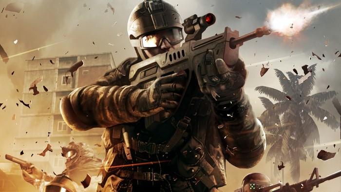 Soldiers in combat with assault rifles