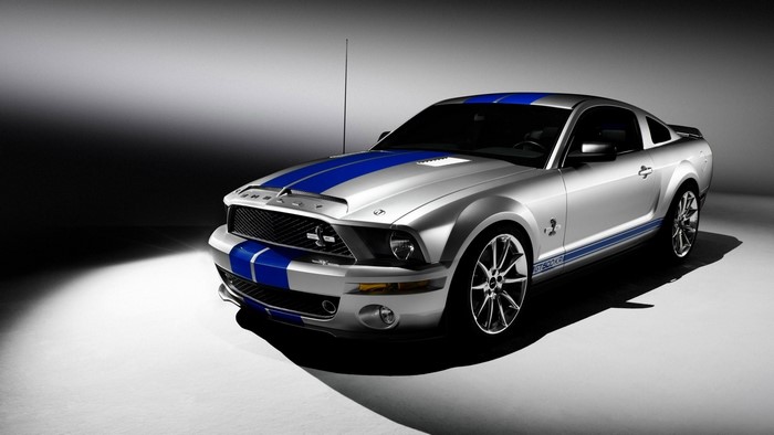 Silver Ford Shelby Mustang GT500 with Blue Stripes
