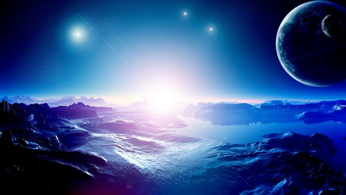 Alien planet landscape with planets in the sky