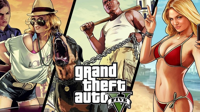 Grand Theft Auto V characters and logo