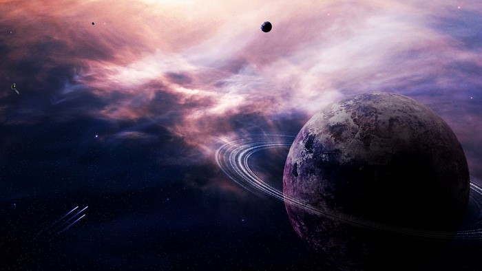 Planet with rings in a nebula