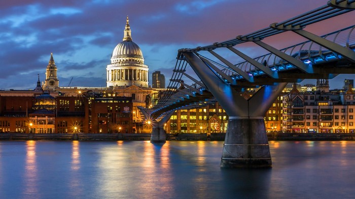 London Millennium Bridge and St. Paul's Cathedral at Dusk
