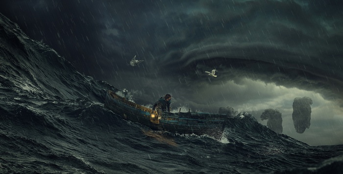 Man in a boat during a storm