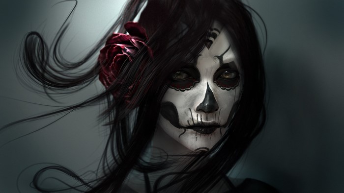 Woman with Skull Makeup and Red Rose