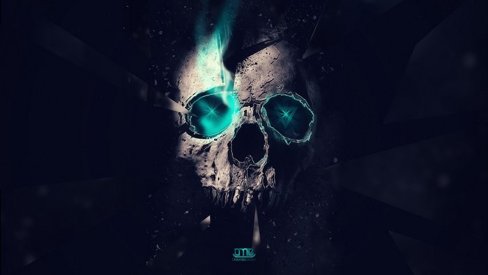 Skull with glowing blue eyes and fire