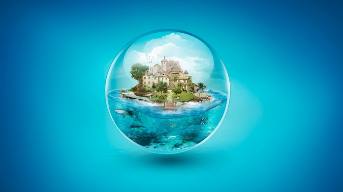 Fantasy island in a bubble with marine life