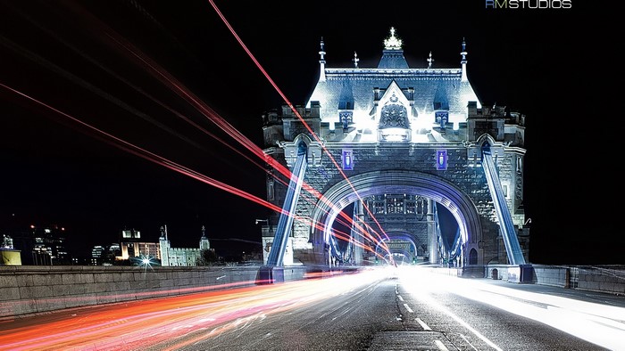London Tower Bridge at Night with Light Trails