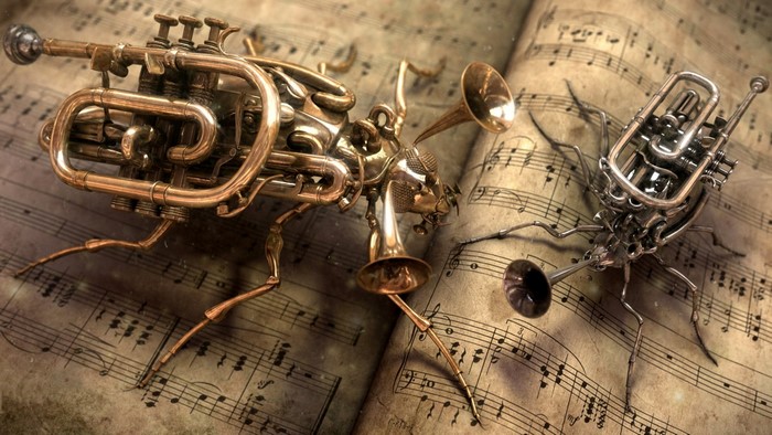 Steampunk bugs made of trumpets on sheet music