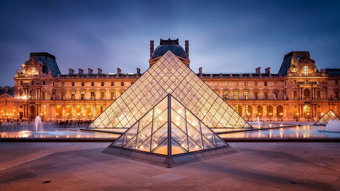 Louvre Museum Pyramid at Dusk, Paris, France