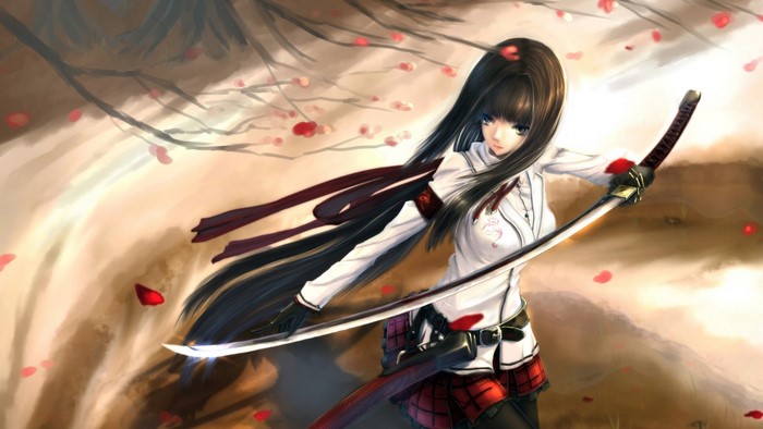 Anime Girl with Katana Sword and Long Hair