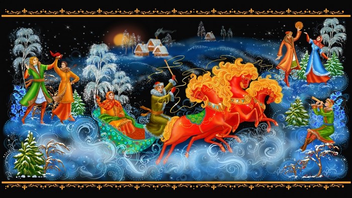 Palekh miniature of a winter sleigh ride with horses