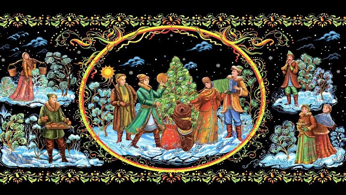 Palekh miniature of a winter celebration with a bear