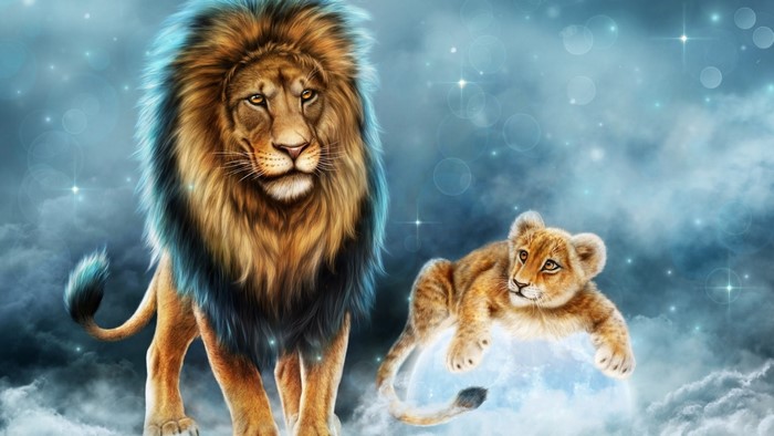 Majestic Lion and Playful Lion Cub