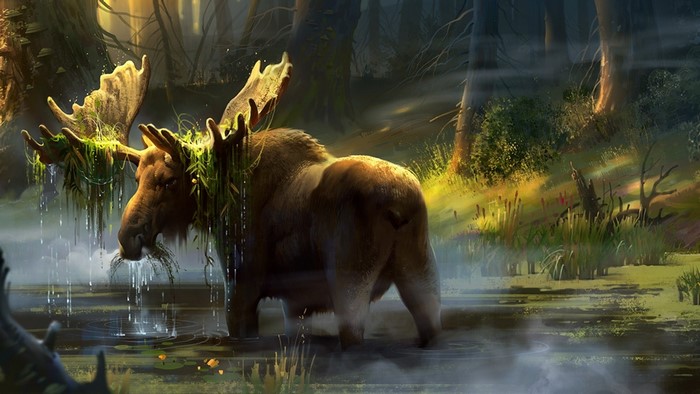 Moose with plants on antlers in a misty forest