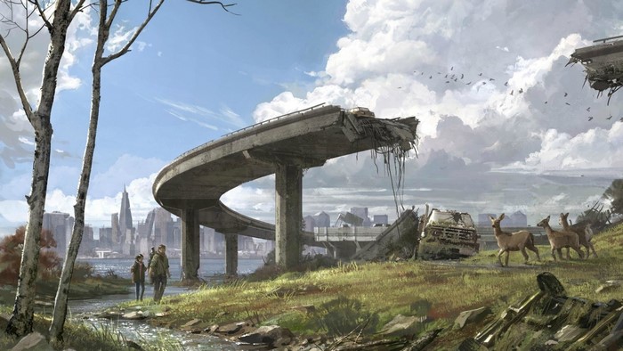 Post-apocalyptic landscape with destroyed highway and survivors
