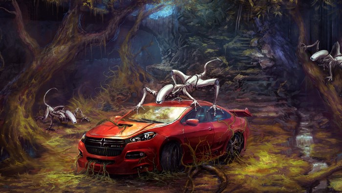 Robo Invasion in a Forest with a Red Car