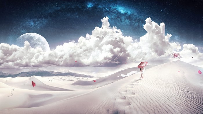 Surreal Desert Landscape with Moon and Stars