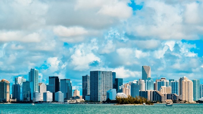 Miami skyline with buildings and ocean