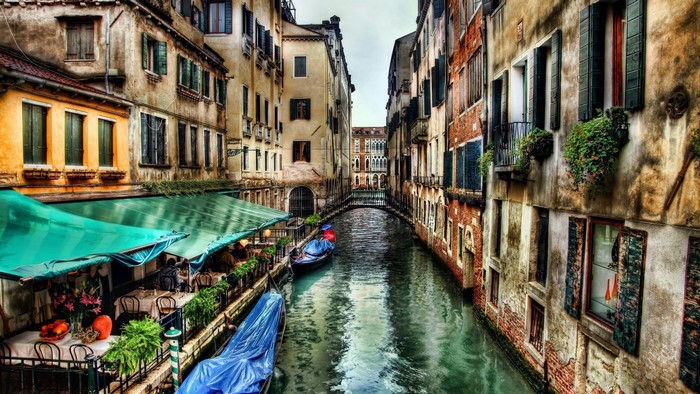 Venice Canal Street with Gondolas and Restaurants
