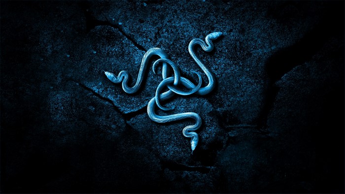 Razer logo made of blue snakes on dark rocks