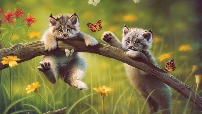 Two cute lynx kittens on a branch with butterflies