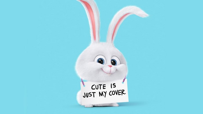 Snowball from The Secret Life of Pets holding a sign