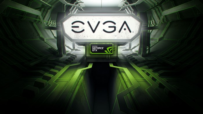 EVGA and NVIDIA GeForce GTX logo in futuristic tunnel