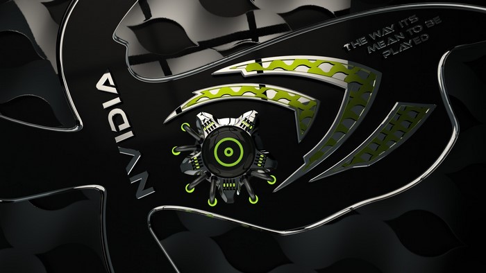 Nvidia logo with a mechanical skull and tagline