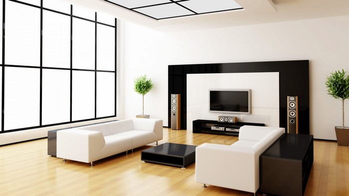 Modern Living Room with Large Windows and Entertainment System
