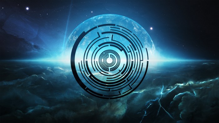 Circular maze overlay on a planet in space