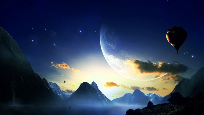 Hot Air Balloon Over Mountains Under a Large Planet