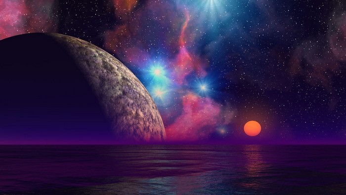 Planet and Starry Night Sky over Ocean