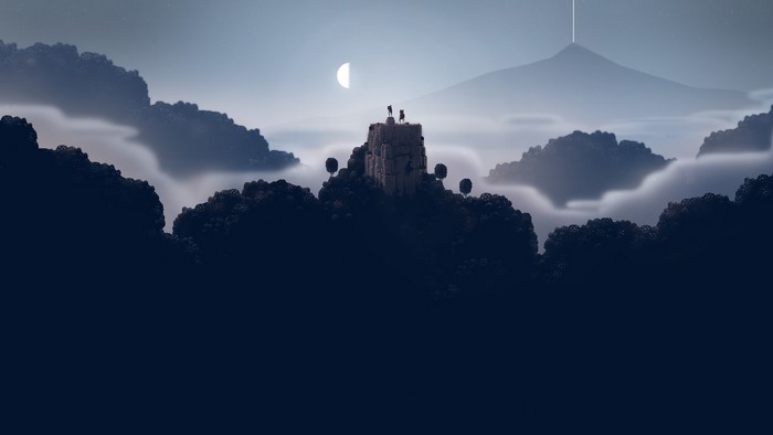 Pixel art castle on a mountain peak at dawn