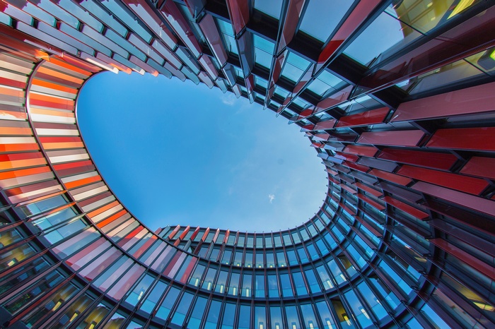 Modern architecture with red and glass facade