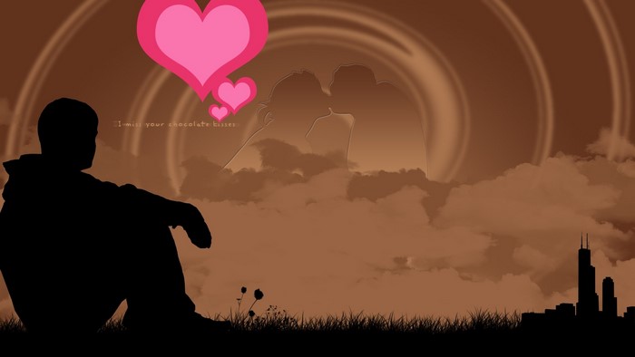 Man thinking of couple kissing with hearts