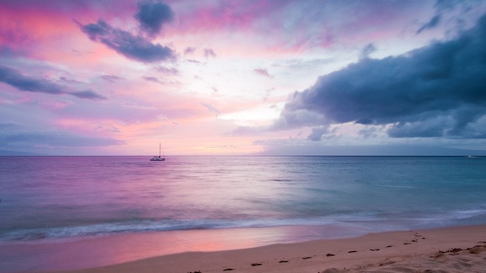 Island Beach Sunset with Sailboat