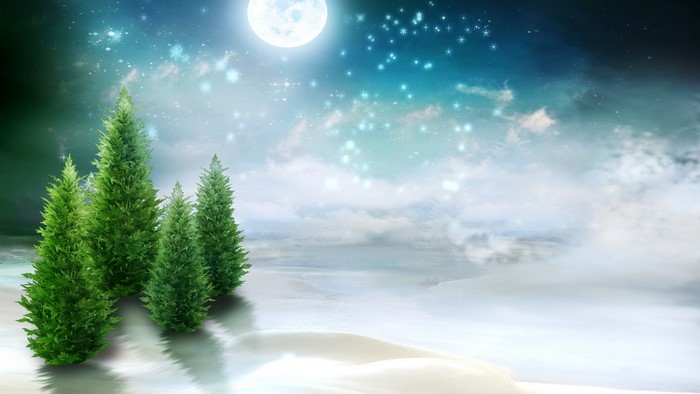 Winter Scenery Painting with Moon and Stars